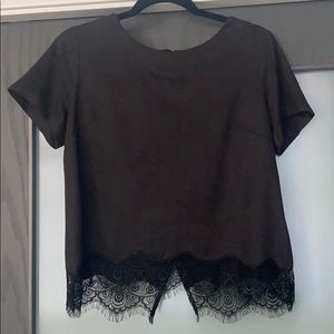 Short sleeve suede/lace detail top